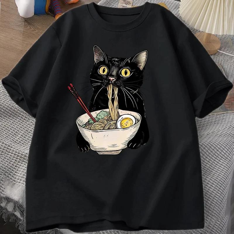 

Noodle Ramen Cat Print T-Shirt - Retro Foodie Black Cat Design Casual Unisex Short Sleeve Top S