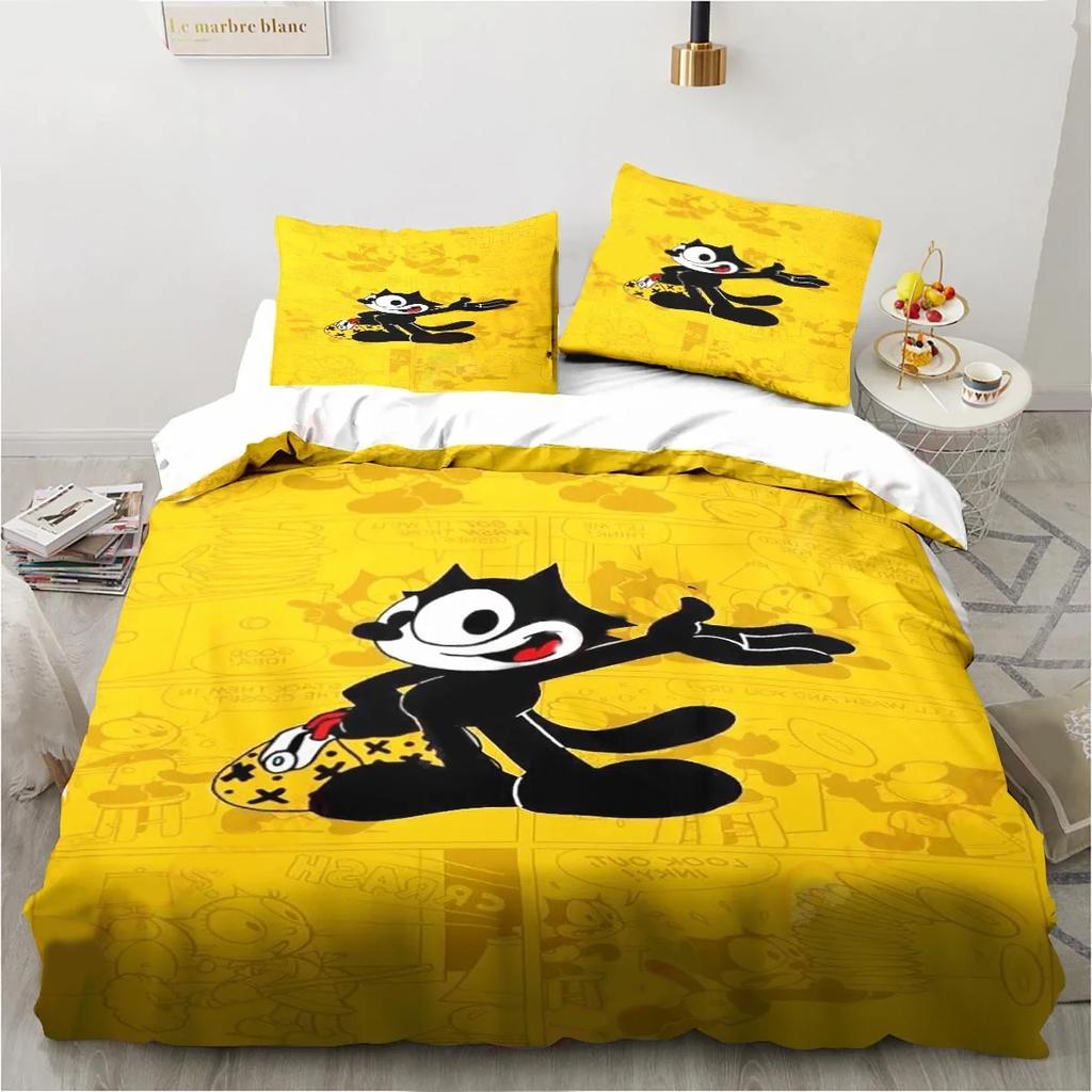 Carino Set Biancheria da Letto Cartone Animato Gatto F-Felix, Copripiumino Coperta Set Letto Copripiumino Federa, Dimensioni King Queen Twin Bambini Bambine Adulti
