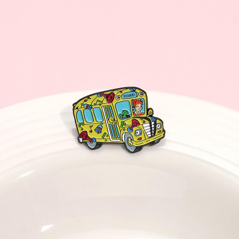 Brooch Unique Metal With Creative Bus Shaped Design And Playful Red Haired Girl Cartoon For Personal Flair
