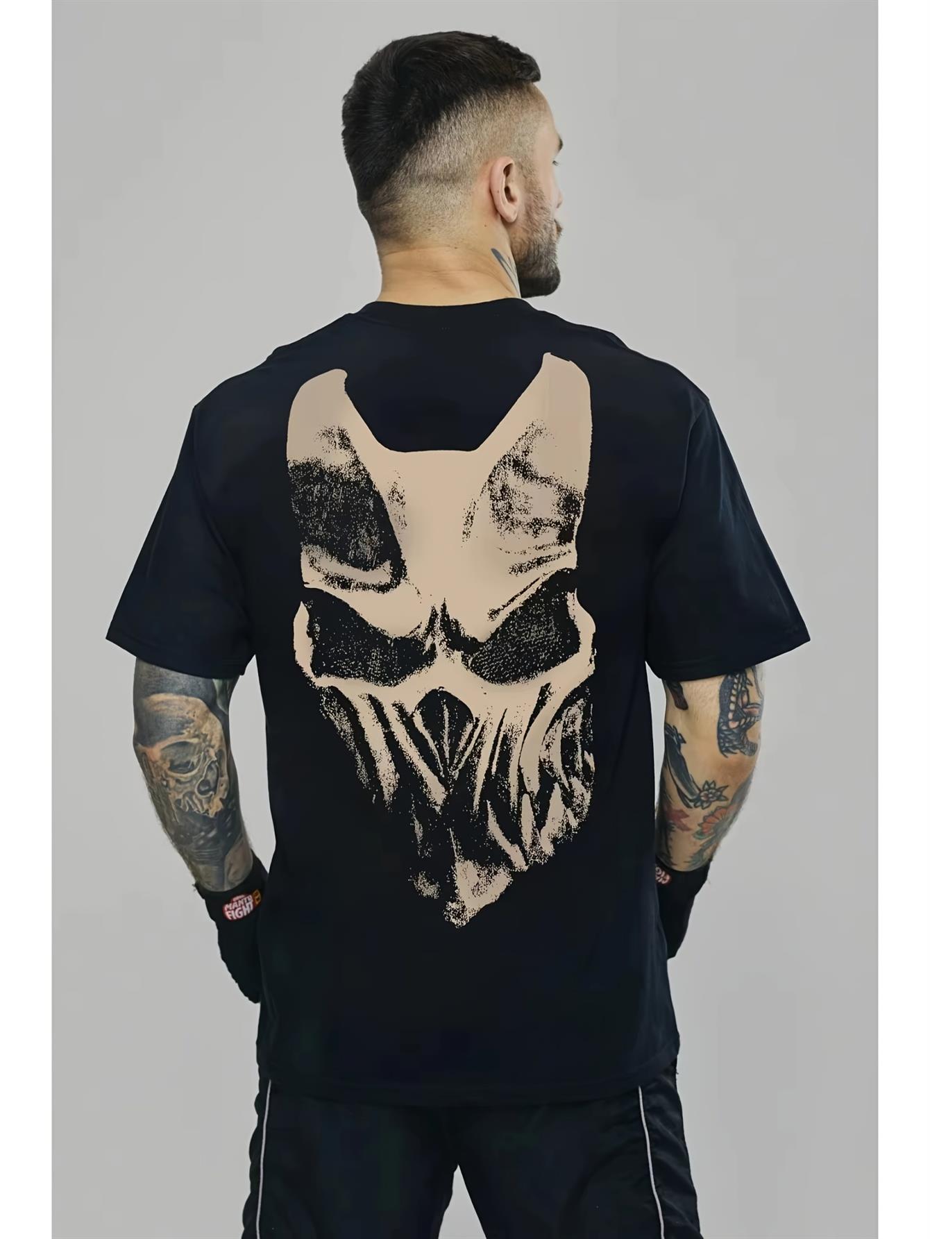 Men s Slacker to Prevail Printed T-Shirt- Black Edgy Skull and Crossed Swords Print on Back XL