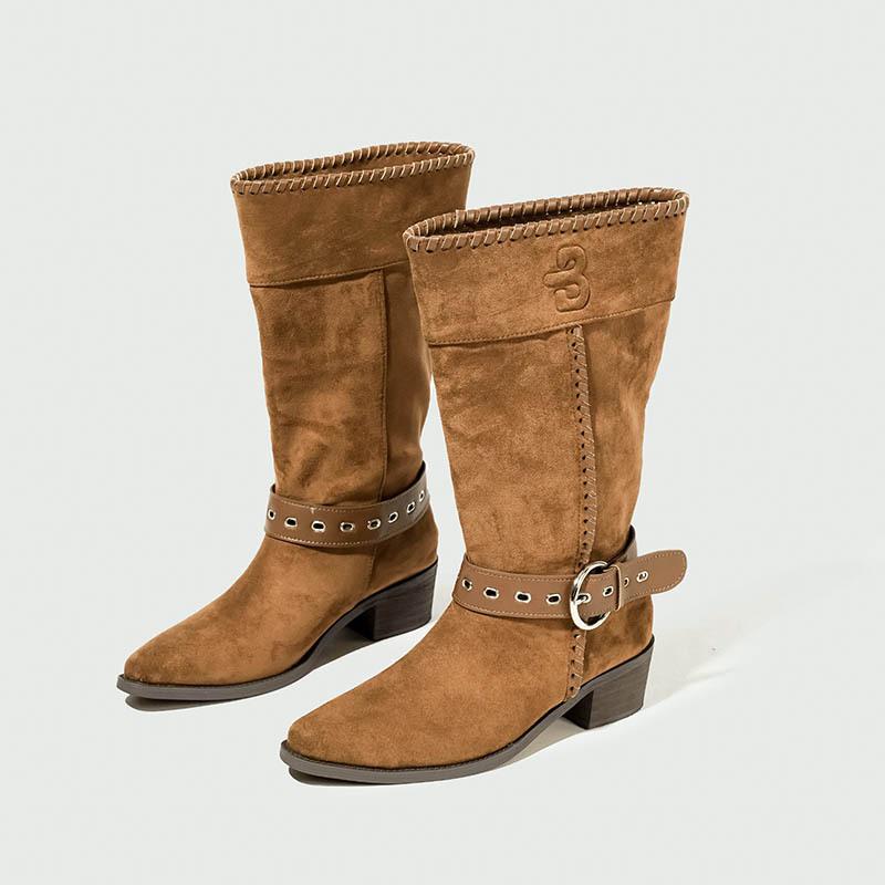 Pile boots women's summer new western cowboy boots retro medium tube knight boots suede pointed short boots