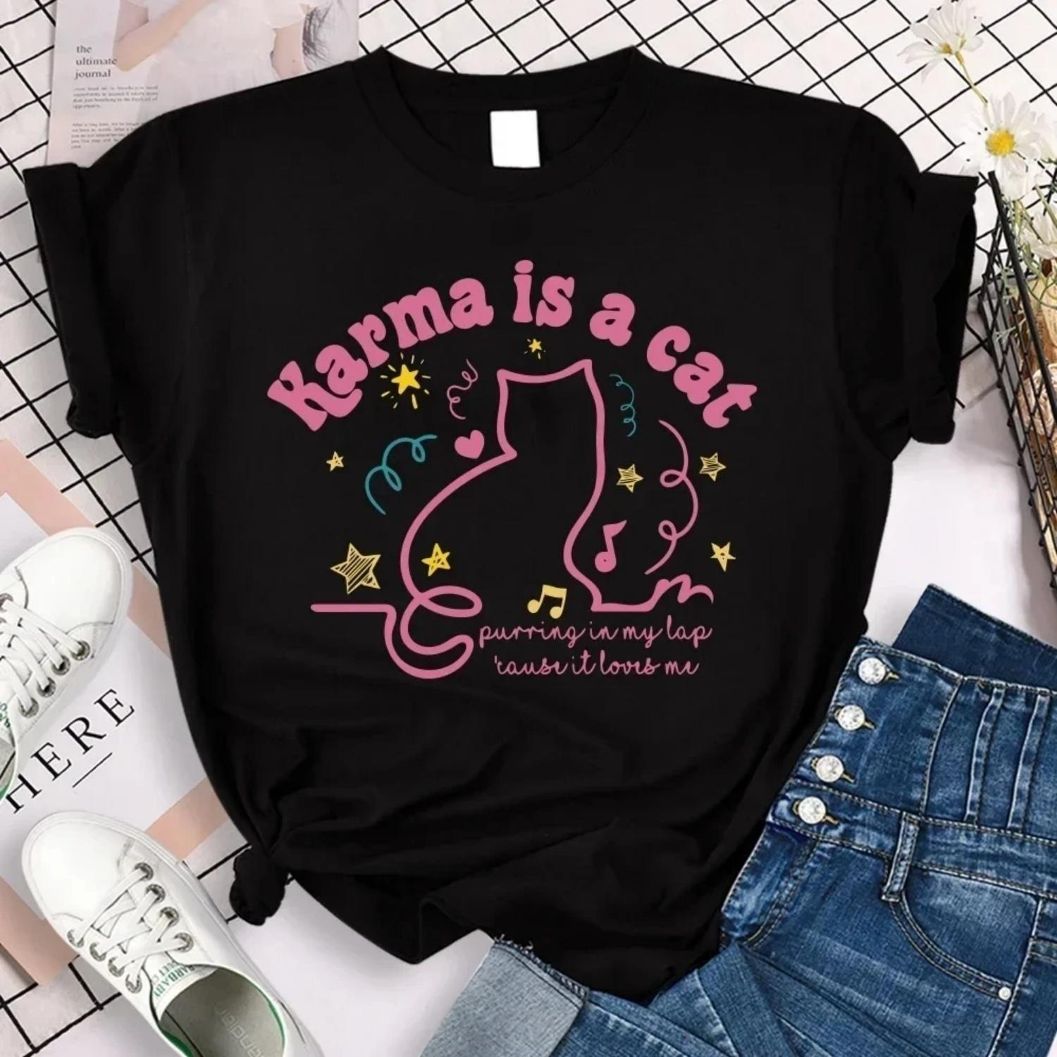 Cute Cat T Shirt Karma Is A Cat  Midnights Retro T-Shirt  Meet Me At Midnight Shirt  Clothes Summer Tees Fans Gift S чёрный