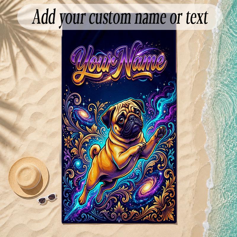 Pug Theme Soft Beach Towel Personalized Custom Name Text Towel Portable for Beach Pool Travel