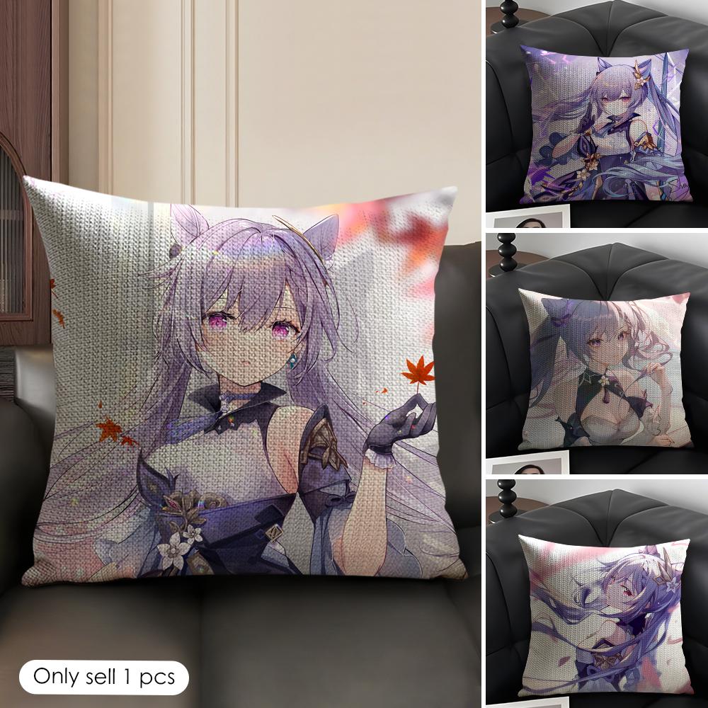 Keqing Genshin Impact Cushion Cover Natural Linen Organic Fabric Double-Sided Printing Sofa Home Decor Gift Pillow Case