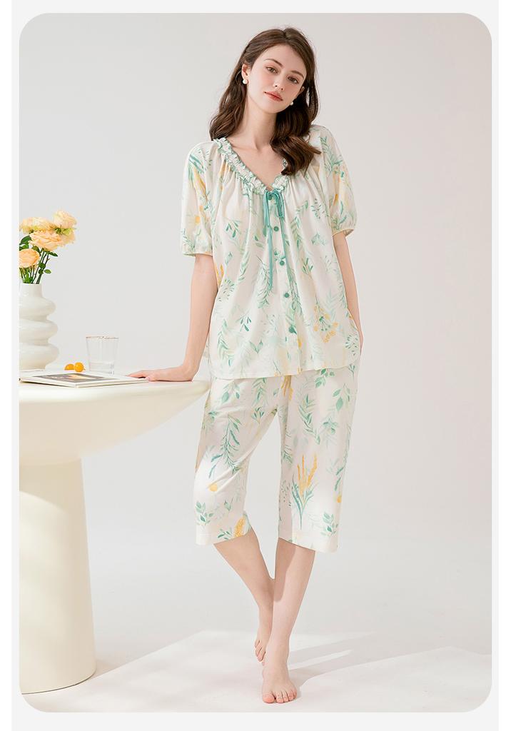 Fenteng [100% Cotton Outerwear] Summer New Lace V-neck Romantic Short Sleeved Seven Quarter Pants Pajamas Women's Home Wear