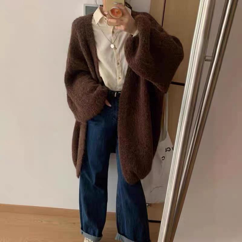 Gentle Wind Soft Waxy Knitted Cardigan Top Women's Autumn and Winter New Solid Color Versatile Loose Lazy Sweater Jacket