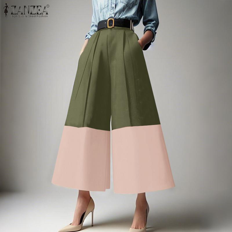 ZANZEA Women Casual High Waist Loose Patchwork Wide Leg Cropped Pants