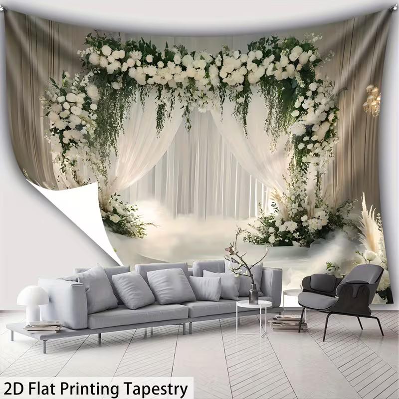 2D Elegant Floral Arch Tapestry White Roses and Greenery Backdrop Background Cloth