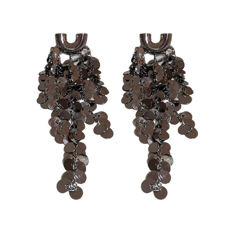 Silver Needle Sequin Tassel Earrings: Chic Cold Style, High-End Design, Fashionable Dangle for a Sophisticated Look.