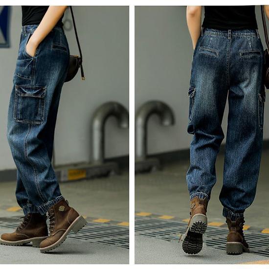 Spring and Autumn High Waist Work Clothes Jeans Women's Loose Pants Elastic Waist Straight Tube High Waist Slimming Pants