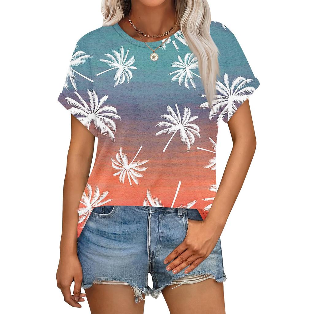 Women's Casual Fashion Round Neck Rolled Hem Short Sleeve Floral Top