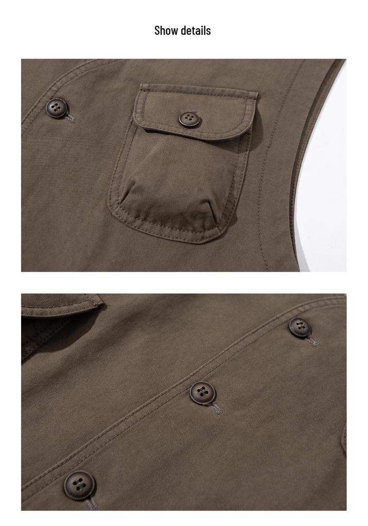 Loose-Fit Retro V-Neck Cotton Vest with Large Pocket - MJ9939