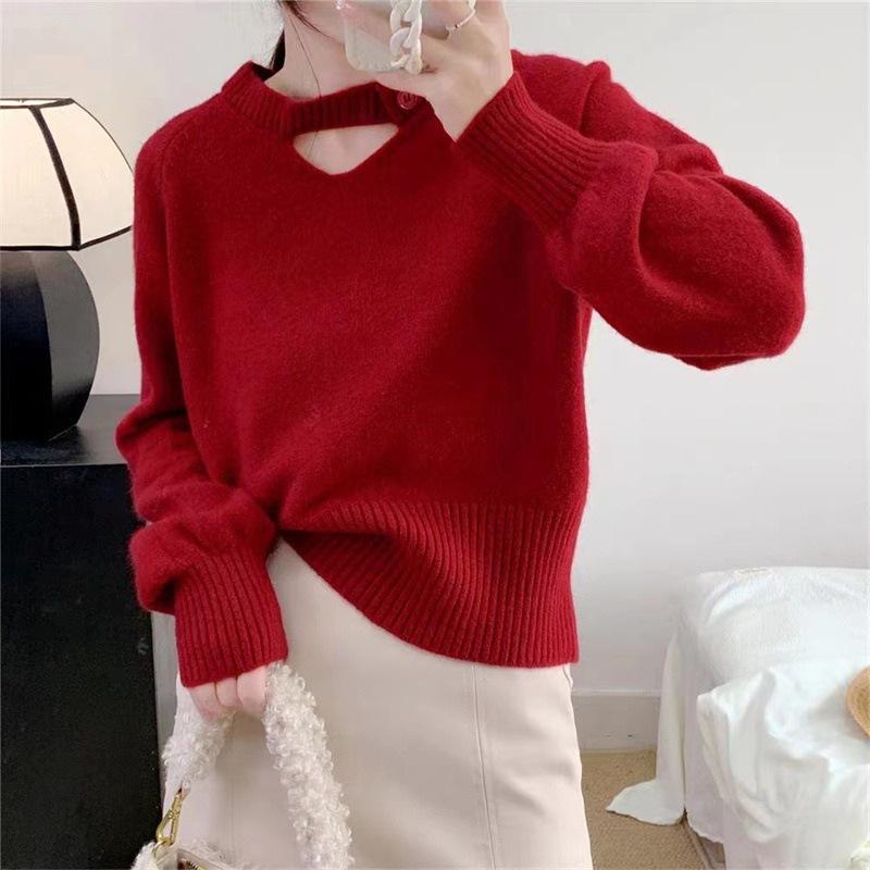 Solid Color Round Neck Knitted Sweater for Women Pullover Knitted Sweater Loose Top for Women