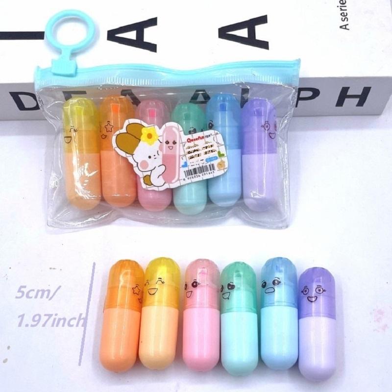 6 Pcs Mini Cute Capsule Highlighters Pastel Markers for Notes Drawing Journaling School Office Supplies