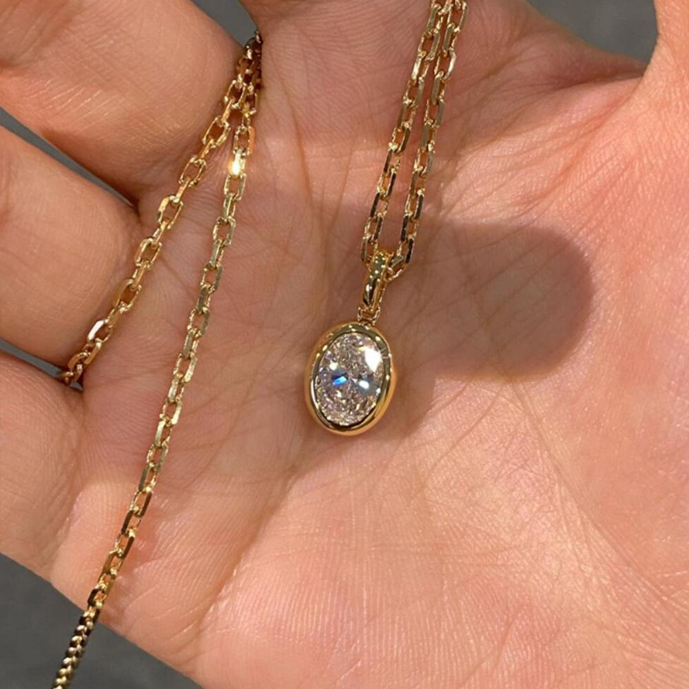 Simple Female White Big Stone Oval Pendant Skeleton Chain Necklace Gold Color Wedding Jewelry For Women