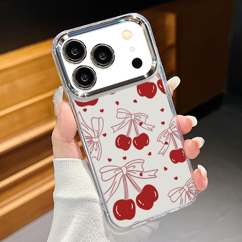 Bowknots Cherry Pattern Case For iPhone 17 Pro Max Plating Lens Frame Clear Soft Cover For iPhone 16 15 14 13 Pro Max 11 16E 17E