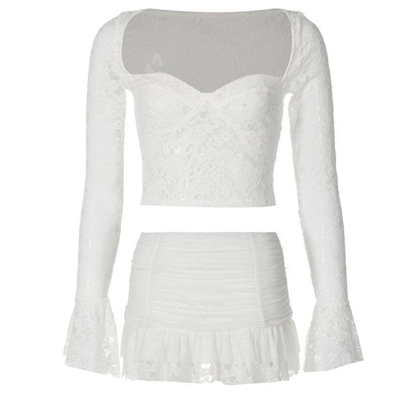 

Low Cut Lace Top Pleated Skirt Two-Piece Set Lace Tops Skirt Two Pieces White S