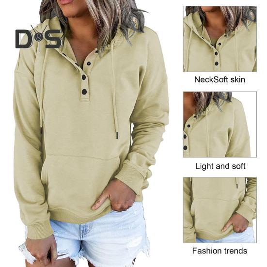 Kvinner Høst Vinter Hettegenser Langermet Løs Pullover Stor Lomme Knapp Dekor Snøring Uformell Myk Varm Hette Elastisk Mansjett Dame Hettegenser Topp