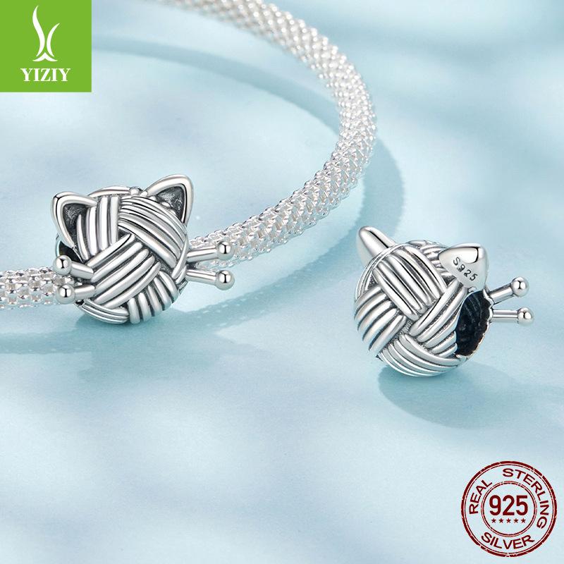 S925 Sterling Silver Cat Wool Beaded Loose Beads, Cute Pet Cat Diy Bead Accessories