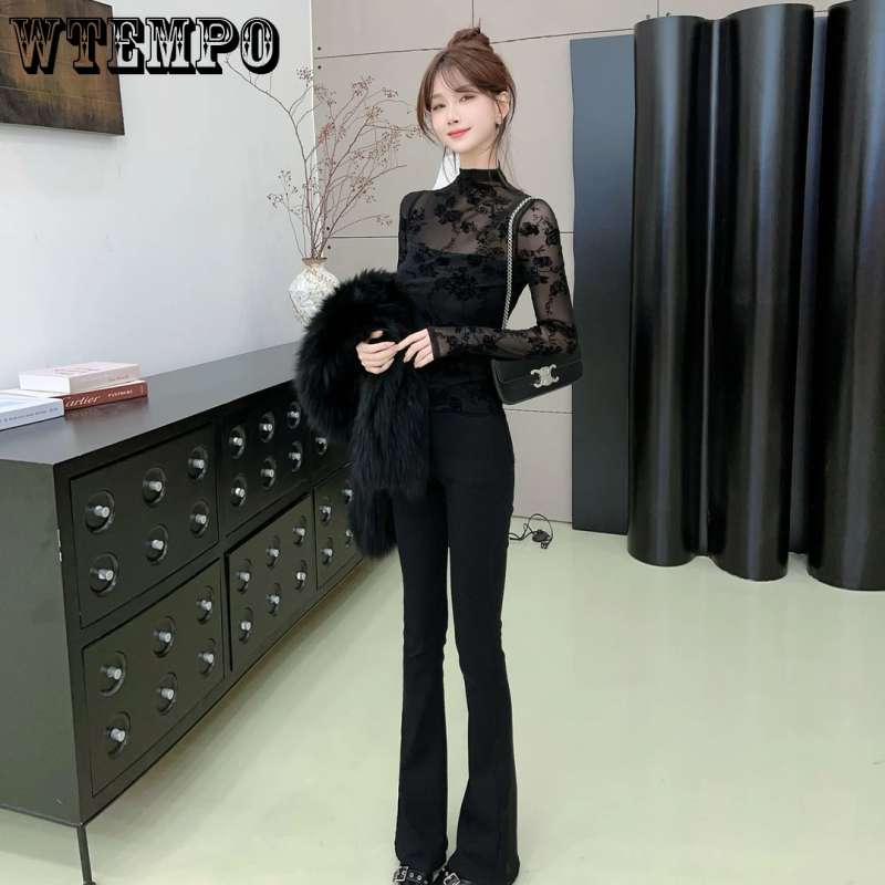 Svart krydderblonder flocking halv høy hals langermet t-skjorte dame høst og vinter premium følelse inner topper