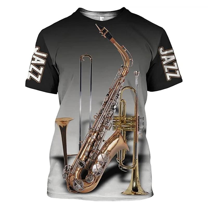 3D Print Saxophone Men Women T-shirts Summer Casual Short Sleeve Jazz Tshirts Streetwear O Neck Oversized Harajuku Y2k Kids Tops