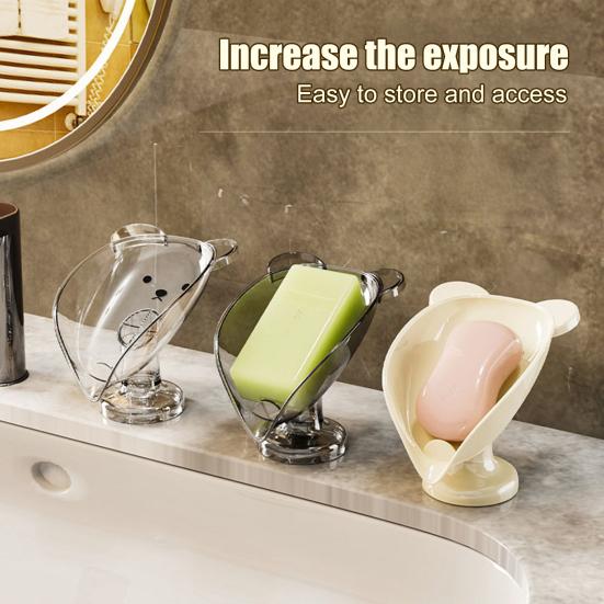 Soap Box Cartoon Bear Shape Anti-slip Soap Tray 45-degree Inclined Design Large Capacity Anti-Slip Suction Cup Soap Dish
