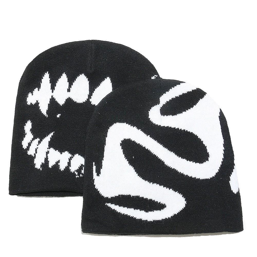 Elastic Y2K Knitted Hat Halloween Black White Pullover Cap Personality Jacquard Woolen Hat  Girls