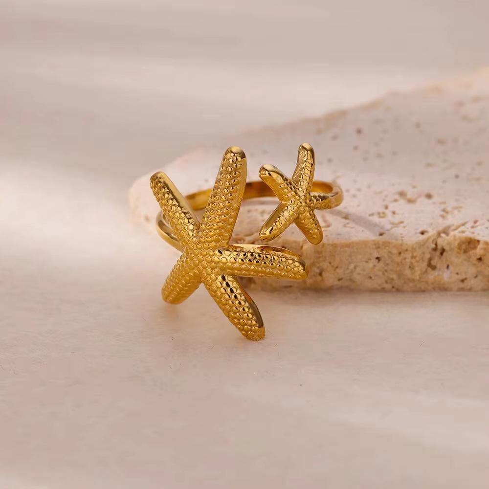 Creative oil pressure starfish conch titanium steel ring female zircon inlay with design summer beach jewelry