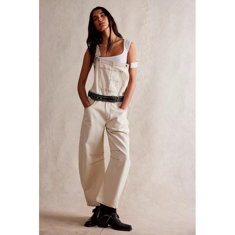 Tuta di jeans da donna a gamba dritta, vestibilità rilassata, stile streetwear, misto cotone