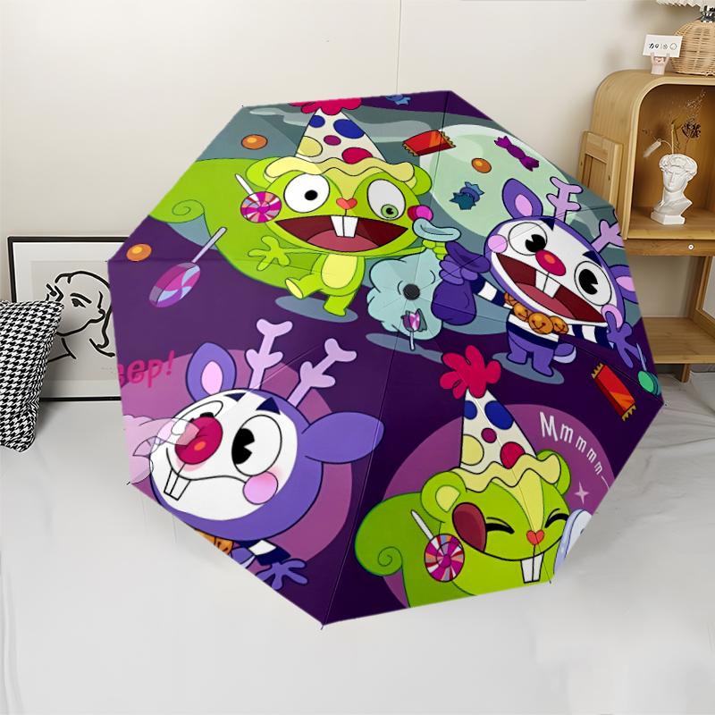 Happy Tree Friends3 Print Automatic Umbrella, 8 Rib Iron Frame, Plastic Handle, Suitable for Outdoor Travel &Daily , Ideal Gift