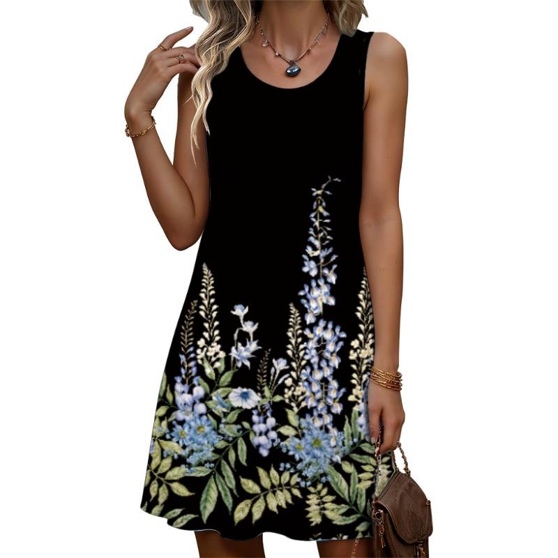 Summer Sleeveless Floral Pattern Fashion Women Mini Dresses  Prined Beach Casual Ladies Dress  Plus Size Loose Dress