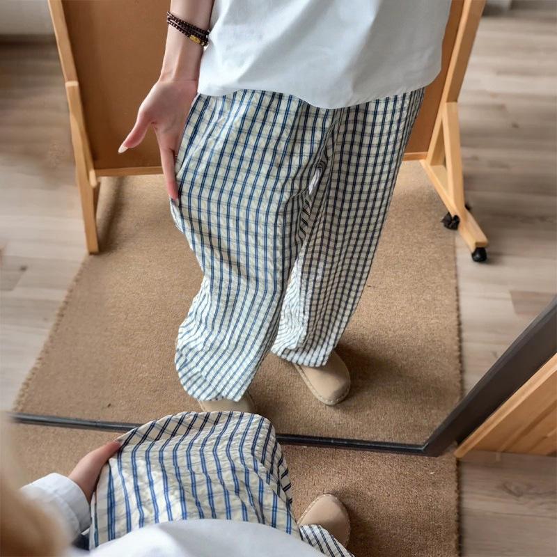 

Korean Style Summer Maternity Blue Plaid High Waist Pants - Flaw Concealing, Loose Drape for Pear-Shaped Body 2XL