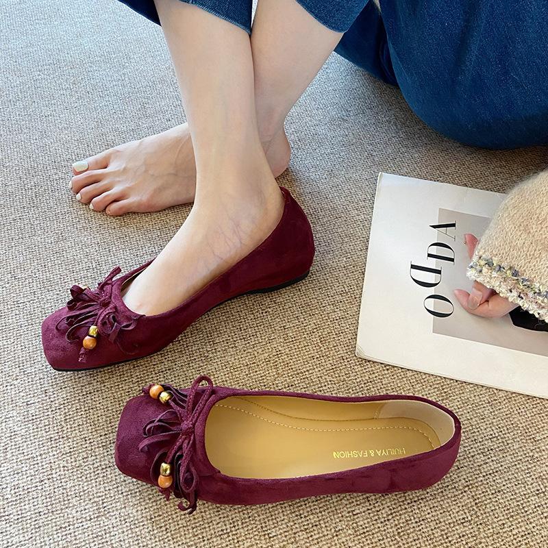 W066-5 Night Breeze Gentle Bow Flat Shoes Women's Single Shoes 2025 New Shallow Mouth Square Head Suede Grandma Shoes