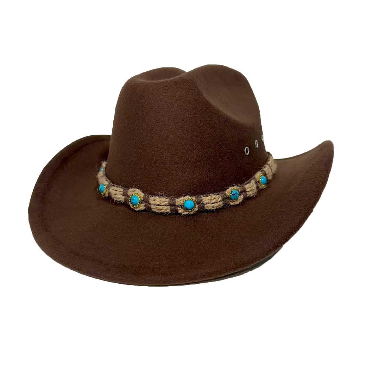 

American Western Cowboy Hat Men S And Women S One-Word Top Big-Brimmed Top Hat Retro Equestrian Hat Ethnic Tibetan Jazz Top Hat M（56-58cm） темно-коричневого кольору