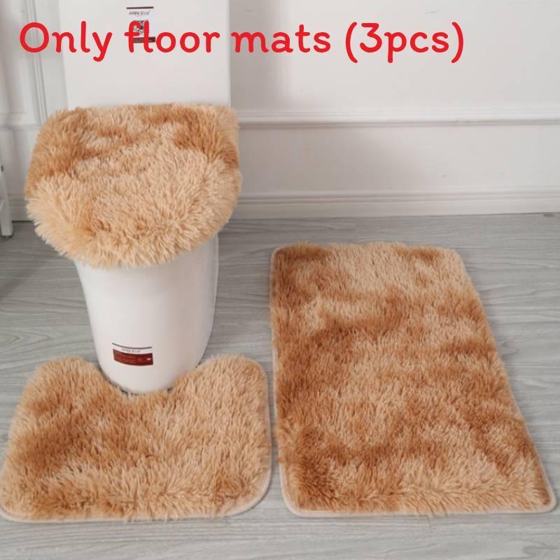 Non Dye Tie Slip Mat Fluffy Plush Bathroom Toilet Seat Cover Carpet 3 Piece Set