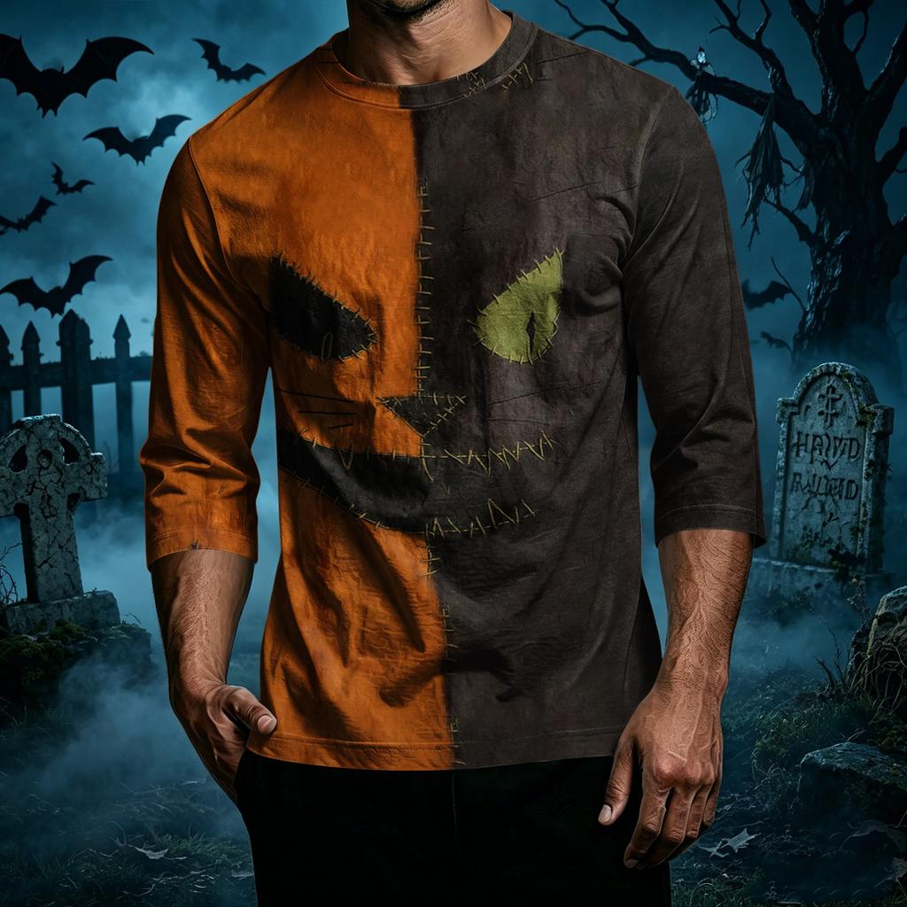 Men's Casual Halloween Print Patchwork Crew Neck T Shirt Three Quarter Sleeve Top Comfortable Fit Lightweight Fabric