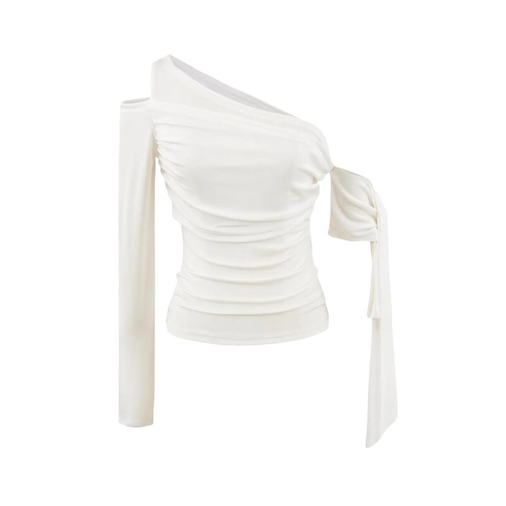 Women's Off Shoulder Long Sleeve Twist Knot Top Slim Fit Solid Color Casual Sexy Pullover