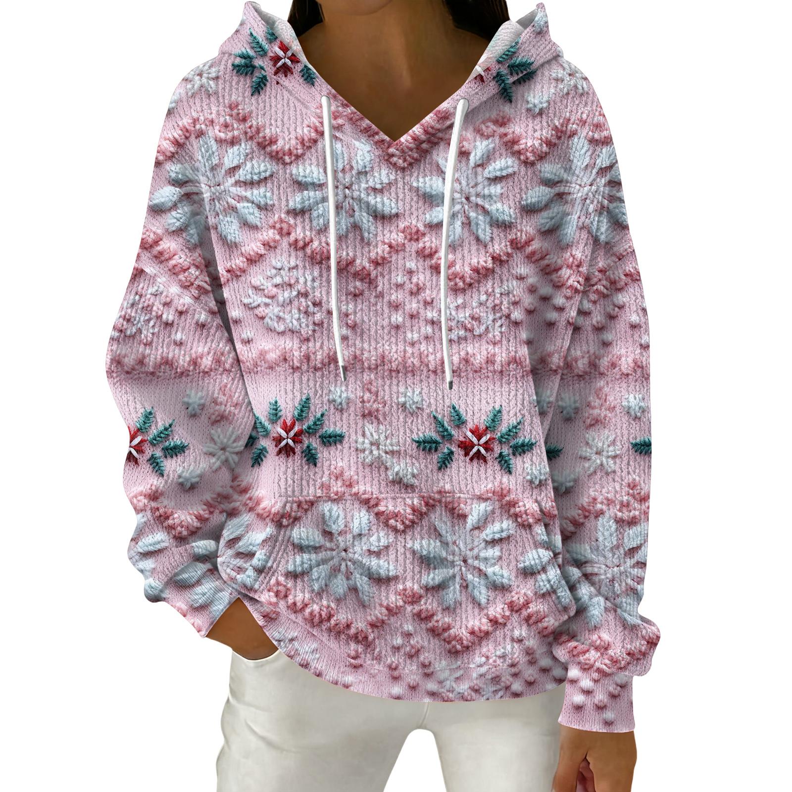 

Женский модный повседневный пуловер с рождественским принтом, толстовка с капюшоном и длинными рукавами L светло-розовый
