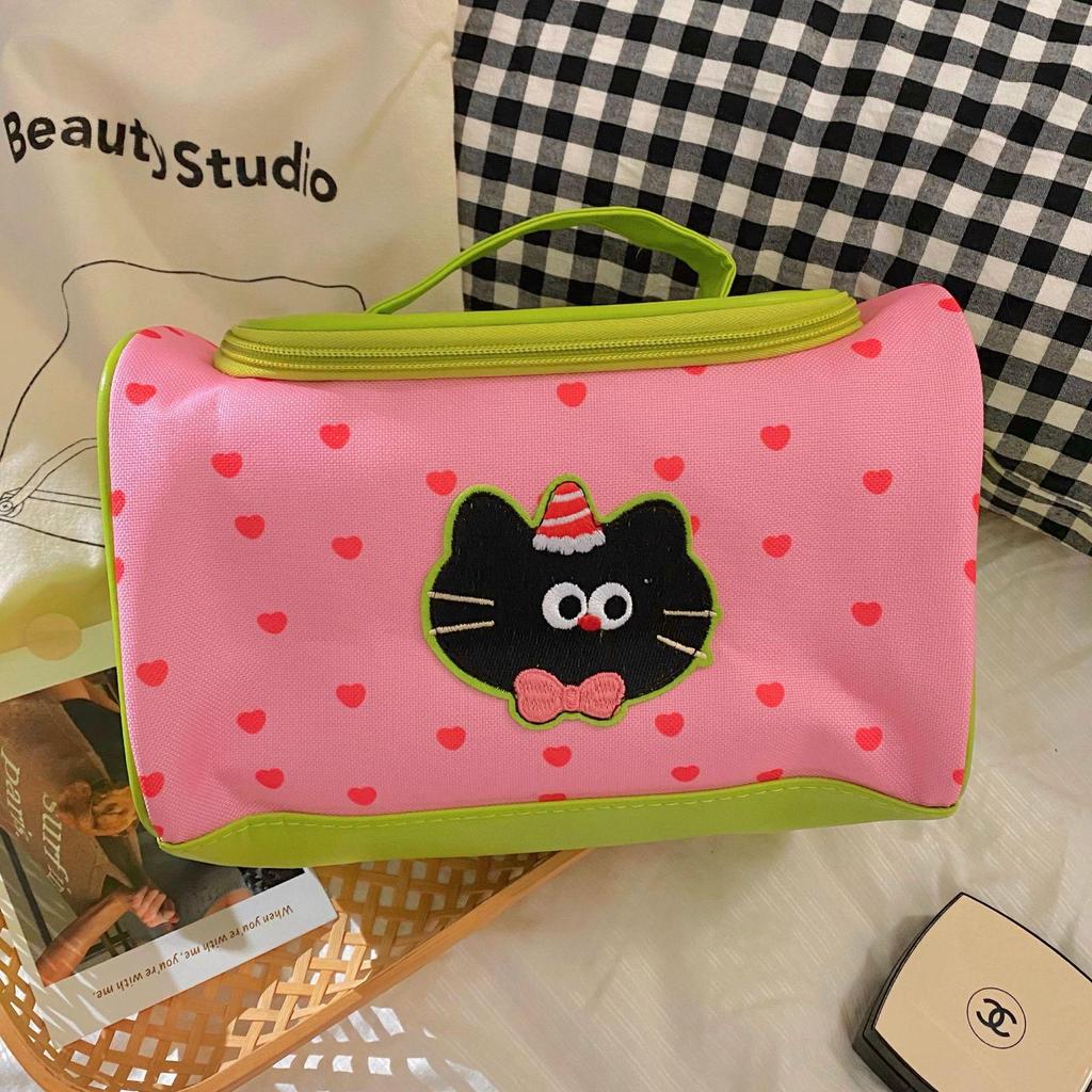 "2024 Cute Cartoon Kitten Cosmetic Bag - Large Capacity Skincare Storage for Women"