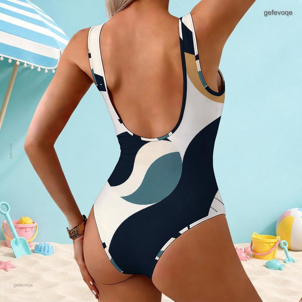 Women Plus Size Black White Printed One Piece Swimsuit Scoop Neck Wide Straps High Cut
