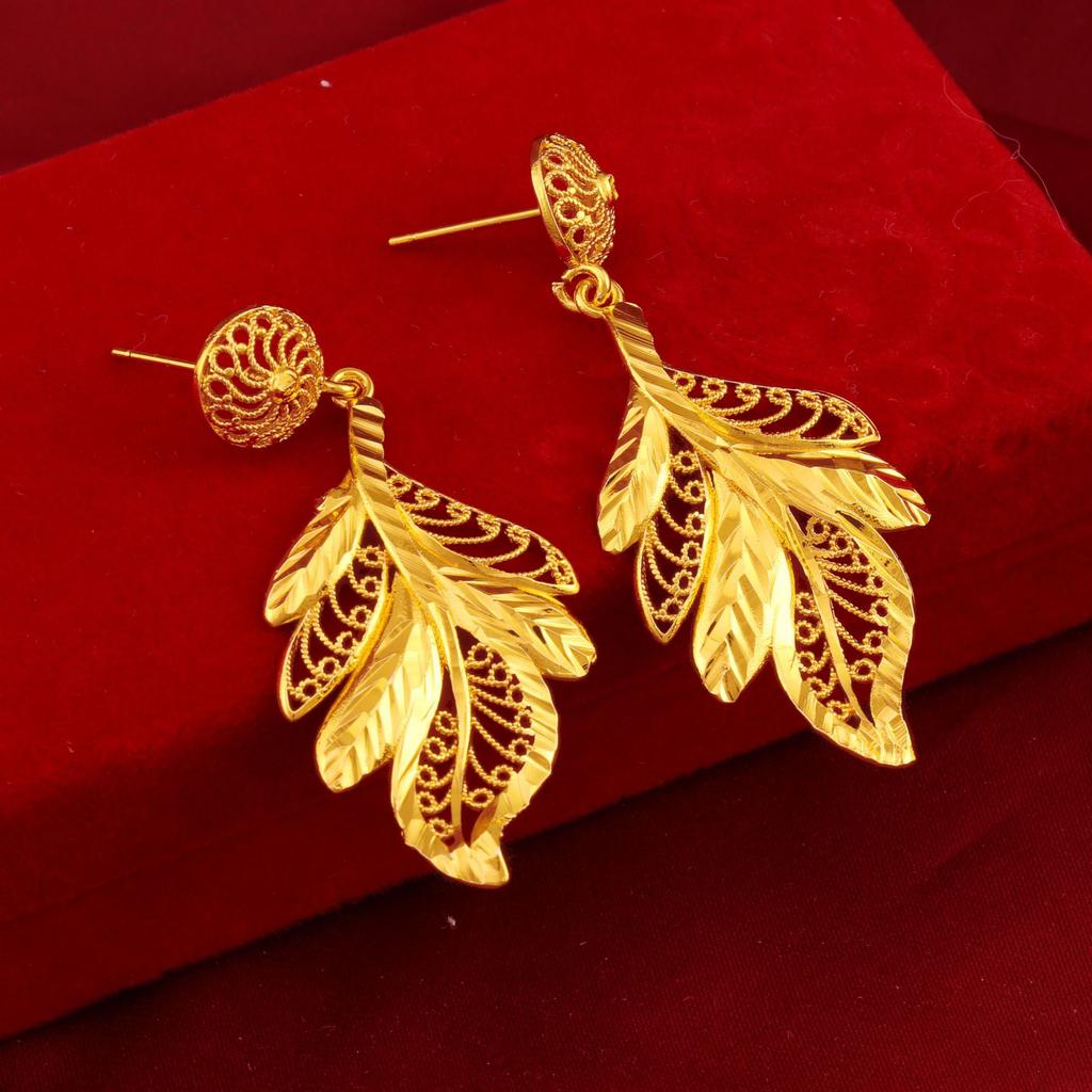 Luxury 24K 9999 Pure Gold Real Gold Women's Hollow Flower Leaf Necklace Earring Set