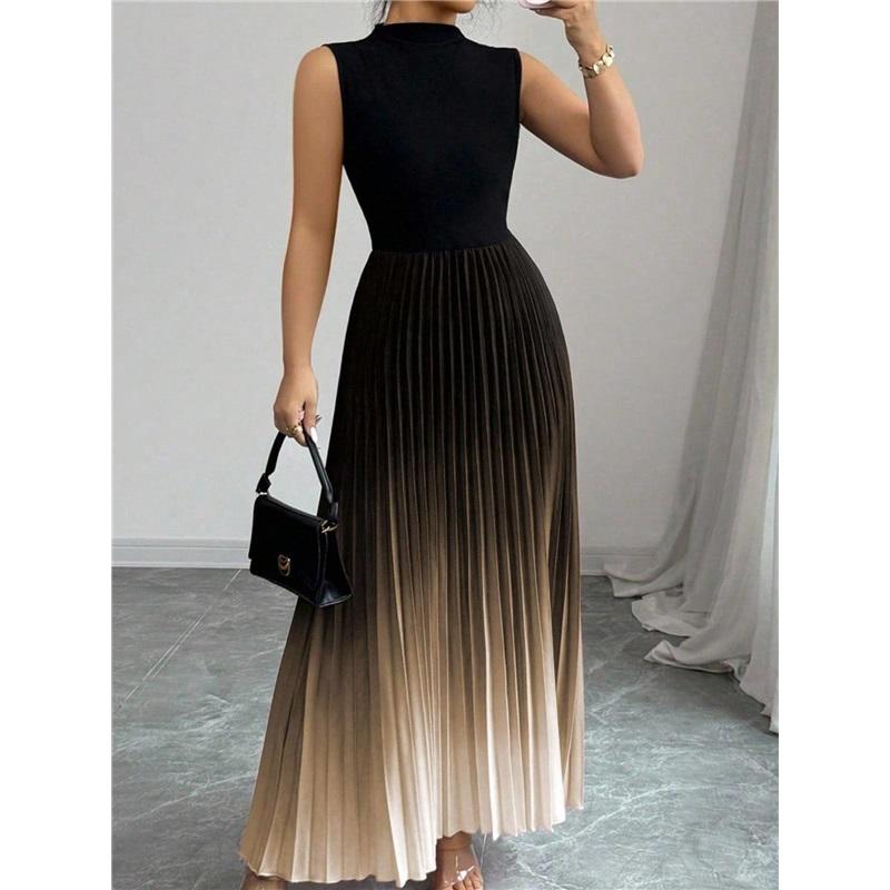 Graduated Color Sleeveless Round Neck Dress Long Skirt Korean Style Casual Fashion Comfortable Leisure Gradient Color Dress
