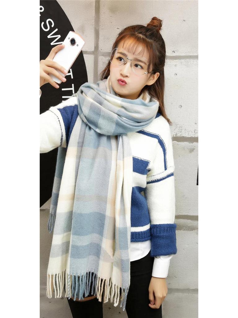 Kockovaný zimný šál pre ženy – strapcový šál v kórejskom štýle z imitácie kašmíru