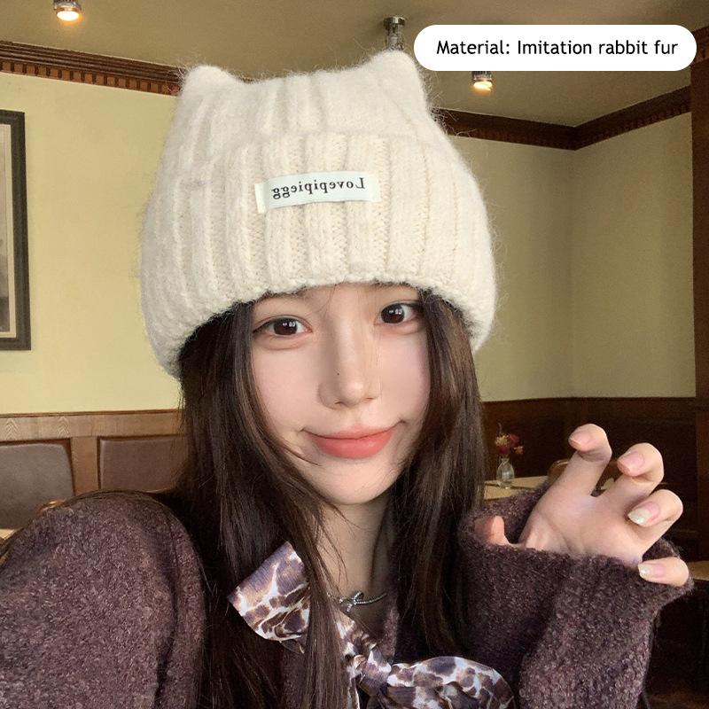 1Pc Cat Ear Knitted Beanies, Cute Winter Warm Wool Hats For Women, Korean Style Fashion Headwear