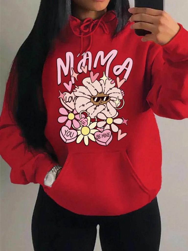 Mom Loves You Floral Print Women's Hoodie - Autumn Loose Casual Fleece Pullover with Pockets