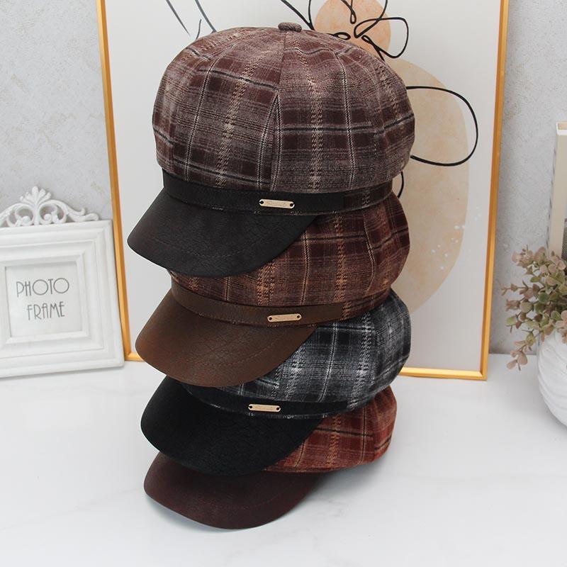 New retro autumn and winter woolen plaid retro beret women's ins temperament fashionable versatile octagonal hat tide