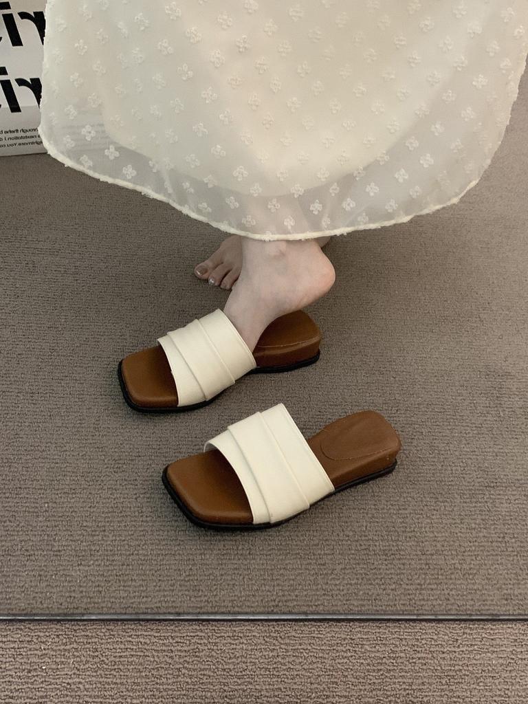 Late evening wind Mori retro brown wedge heel one-word slippers women's outerwear 2025 summer with skirts Birkencool slippers