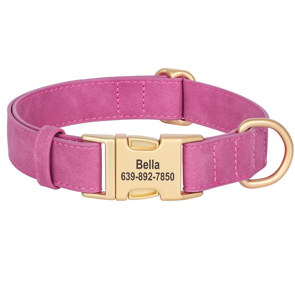 Custom Dog Collar PU Leather Dogs Collars Personalized Pet Necklace Adjustable for Small Medium Large Dogs Bulldog Pug Pink