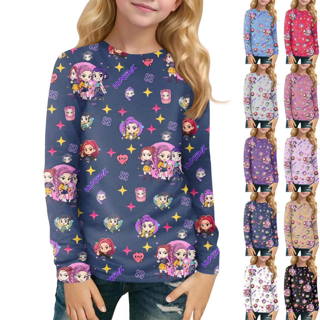 Children's Witch  Printed Long Sleeved Round Neck Top With Floral Print For Daily Casual T-shirt