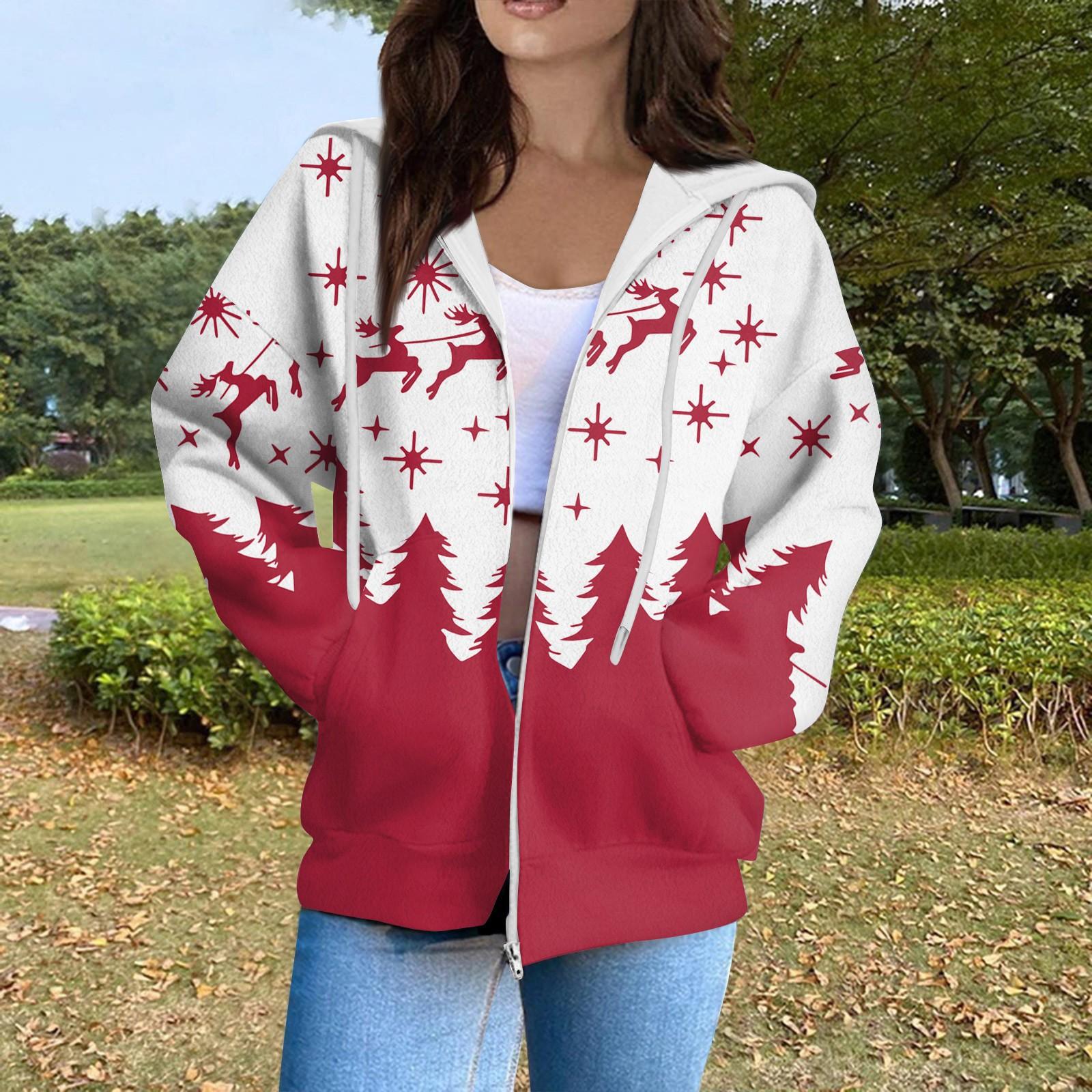 

Женская мода повседневный длинный рукав рождественский принт кардиган пальто с карманом на молнии XL